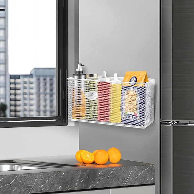 Magnetic Basket 13.77" x4.13" x7.08”,White Mesh Organizer and Holder for White Board and Refrigerator Magnetic Storage Bin Box Containers Organizer for Locker Accessories