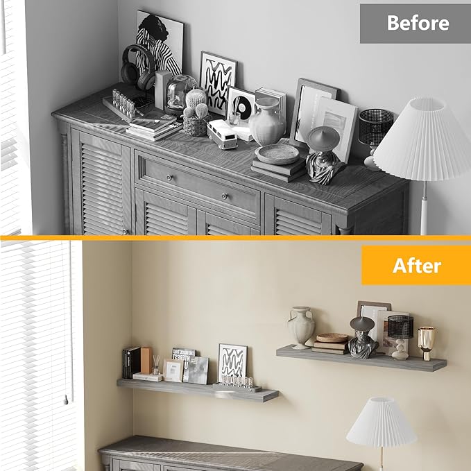 BAMEOS Floating Shelves, Walnut Wall Mounted Wooden Shelves with Invisible Brackets Set of 2, Hanging Wall Shelves Decoration for Bedroom, Bathroom, Living Room and Kitchen