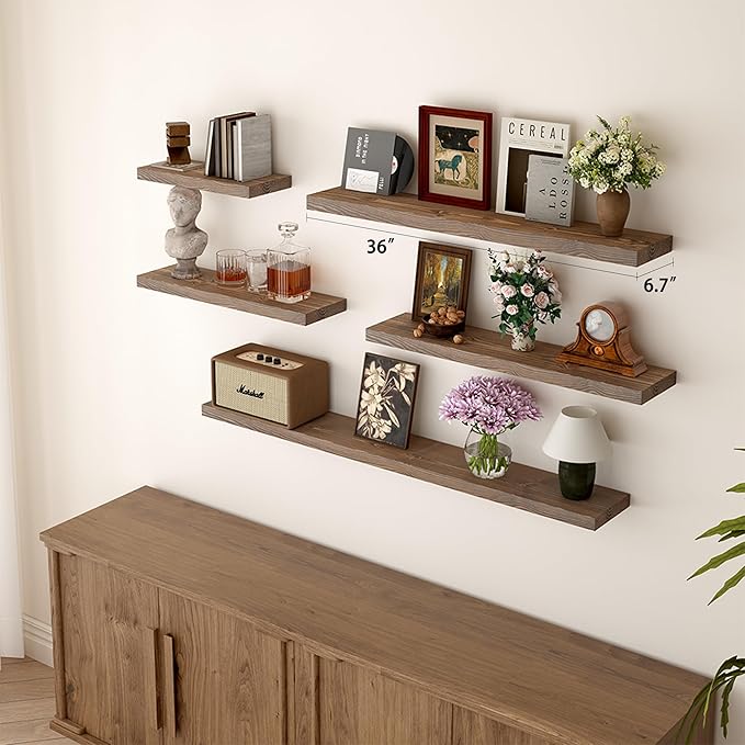 BGMG 36 inch Walnut Floating Shelves for Wall Set of 2, Solid Real Wood Rustic Mount Shelves for Living Room Bedroom Kitchen Farmhouse with Sturdy Hidden Bracket-36x 6.7 x1.25 inch