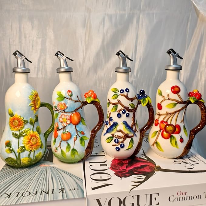 18 Oz Hand Painted Relief Ceramic Olive Oil Bottle Dispenser for Kitchen, Oil and Vinegar Bottle, Seasoning Bottle with Stainless Steel Nozzle, 540mL Oil Container with Handle for Cooking, Light Proof