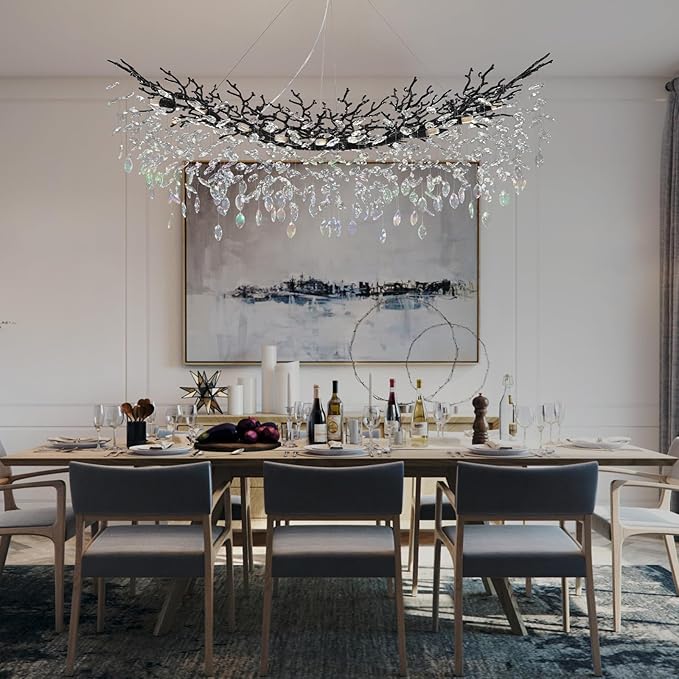 Modern Black Rectangle Crystal Tree Branch Chandelier, 55" 16-Light K9 Crystal Chandeliers for Dining Room, Rectangular Dining Room Chandelier Over Table,for High Ceiling,Kitchen