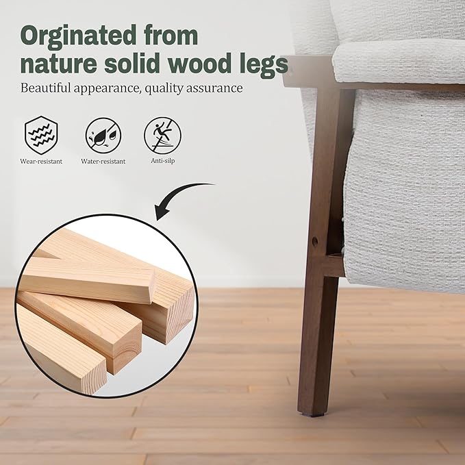 Modern Accent Chairs Set of 2 for Living Room Mid Century Arm Chairs Upholstered Bedroom Chairs Comfy Lounge Chairs with Solid Wood Frame, White