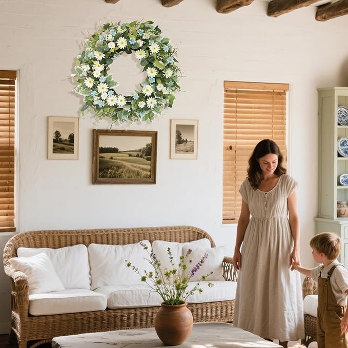 24 Inch Wreaths for Front Door, Large Spring Summer Artifiical Wreath with Blue White Daisy Flower, All Season Floral Wreaths for Porch Window Wall Decor Outside Indoor Outdoor Decorations