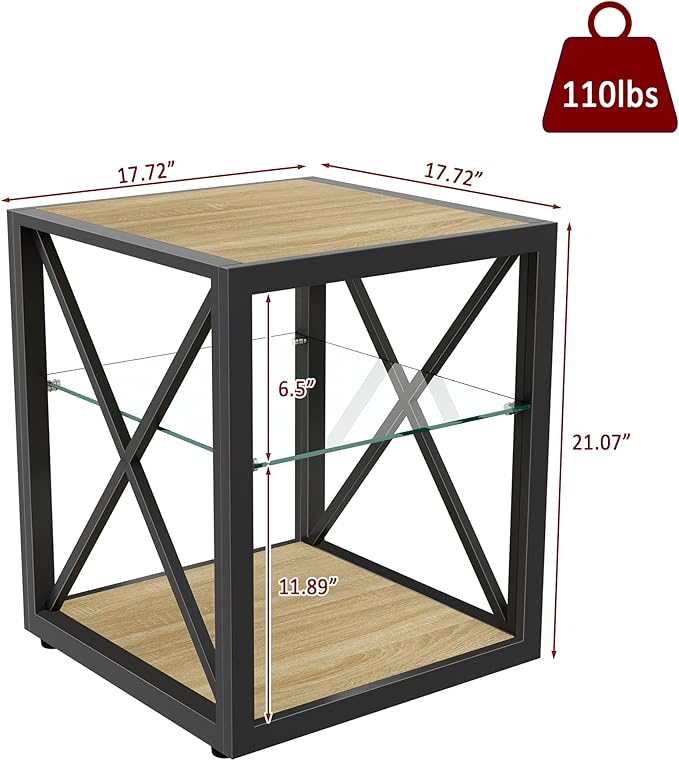 Farmhouse End Table, Modern Side Table with 3-Tier Storage Shelf, Square Rustic Nightstand, Accent Tea Table, for Bedroom Office Living Room, Brown, Natural Wood, Glass, Metal