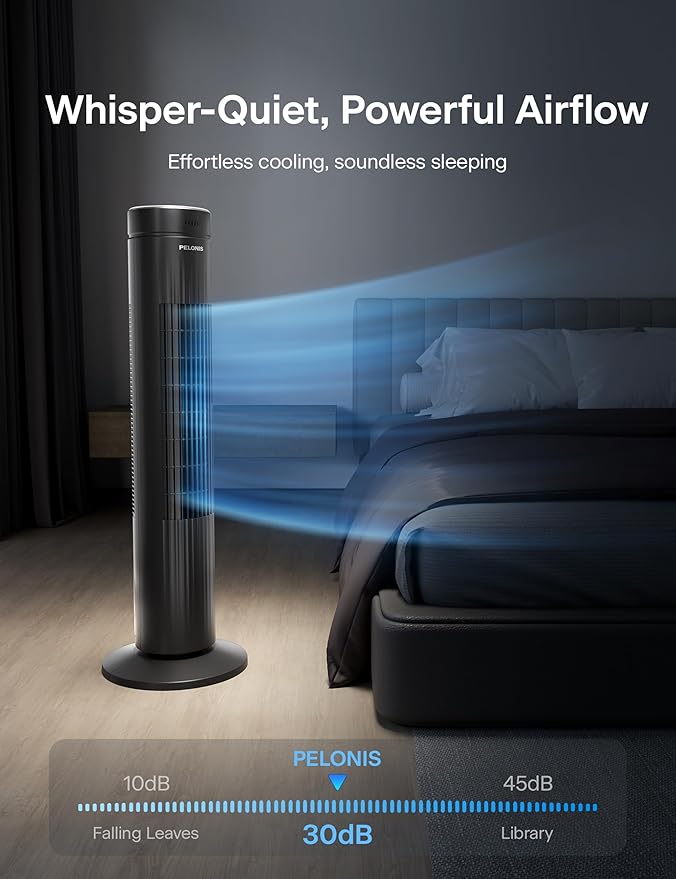Pelonis 30-Inch Oscillating Tower Fan for Bedroom – 3 Speed, Quiet Tower Fan with Remote ControL, Small Fan, 7-Hour Timer – ETL Certified, Black