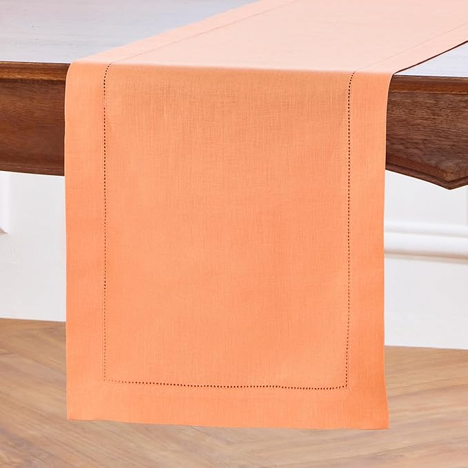 Solino Home Linen Table Runner 90 Inches Long - 100% Pure Linen Coral Table Runner 14 x 90 Inch - Classic Hemstitch