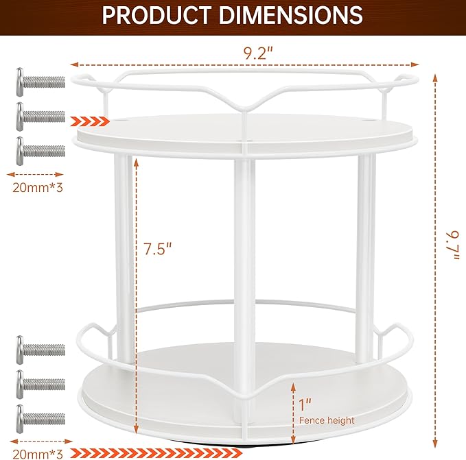 Lazy Susan Organizer 2 Tier - 9.2" Turntable Spice Rack for Table Top, Wooden Rotating Lazy Susan for Cabinet Pantry Kitchen Countertop Dining Table Cupboard Bathroom Vanity Storage(White)