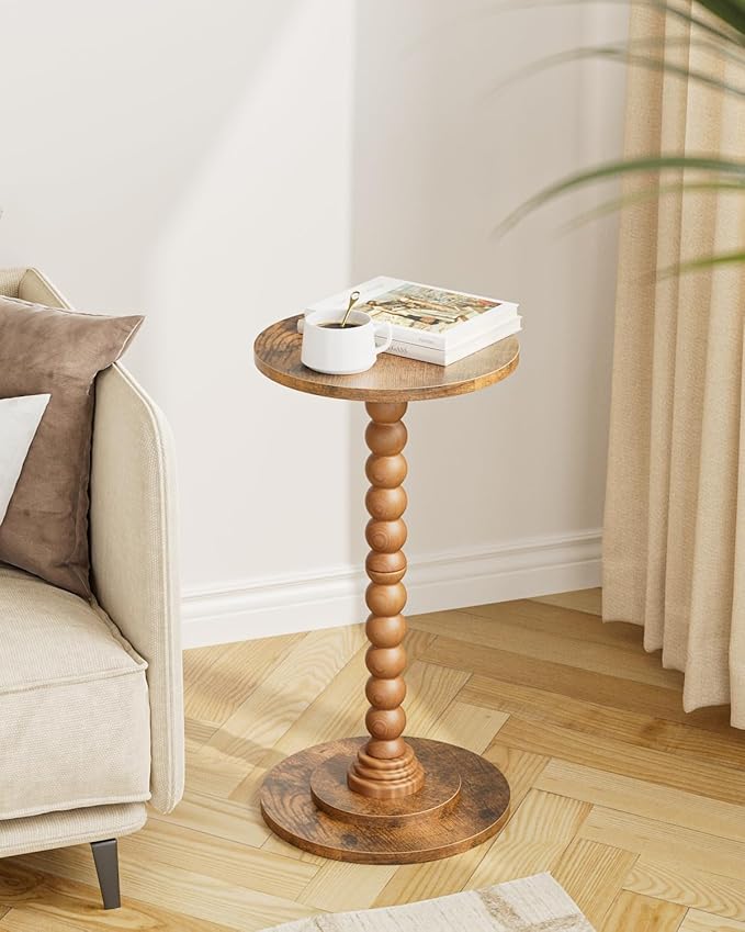 Masupu Round Side Table, Small End Table for Small Spaces, Pedestal Drink Table with Solid Wood Leg for Living Room, Bedroom, Corners(Rustic Brown)