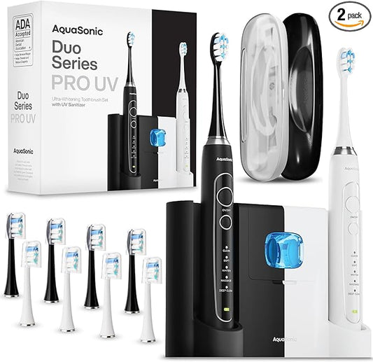 Aquasonic Duo PRO – Ultra Whitening 40,000 VPM Electric ToothBrushes – ADA Accepted - 5 Modes with Smart Timers - UV Sanitizing & Wireless Charging Base - 10 Proflex Brush Heads & 2 Travel Cases