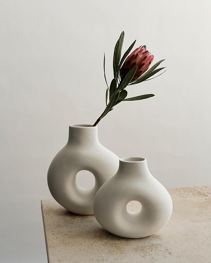 NOBULA White Ceramic Donut Vases – Modern Home Decor for Living Room, Bedroom & Table Centerpiece - Minimalist Nordic – Unique Vases for Olive Plant & Flowers – Decorative Coffee Table Vase Set of 2