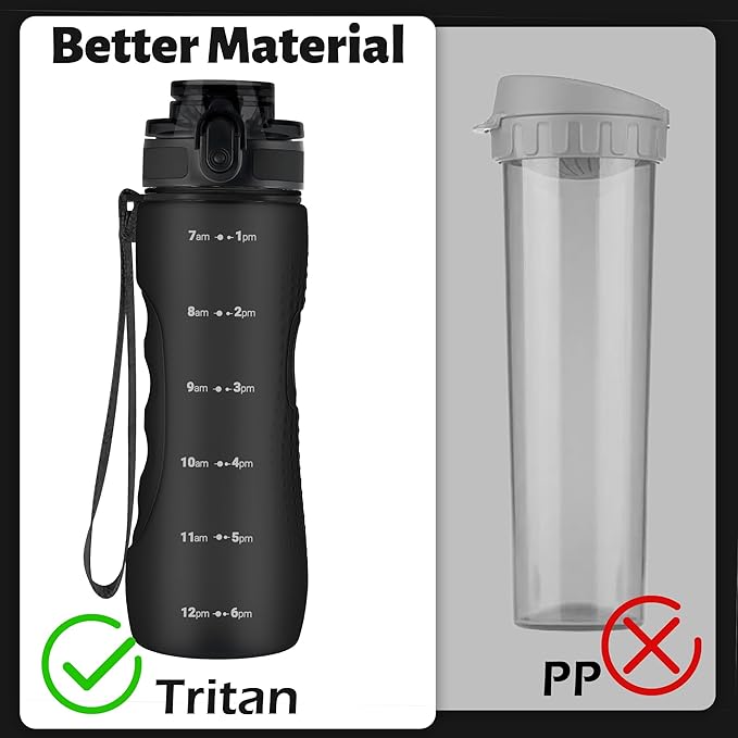 OLDLEY 25 oz Water Bottle, Motivational Water Bottle with Time Marker, Sports Water Bottle With Strap, Leakproof & BPA Free Large Water Bottles for School, Gym, Travel, Outdoor, Tritan,Black