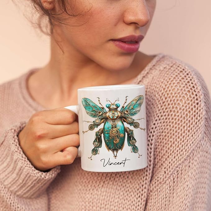 Unique Mechanical Insect Art Ceramic Cup, Personalized Steampunk Beetle Design Coffee Mug 11oz, Custom Name White Mug For Science Fiction Enthusiasts, Customized Insect Ceramic Mug