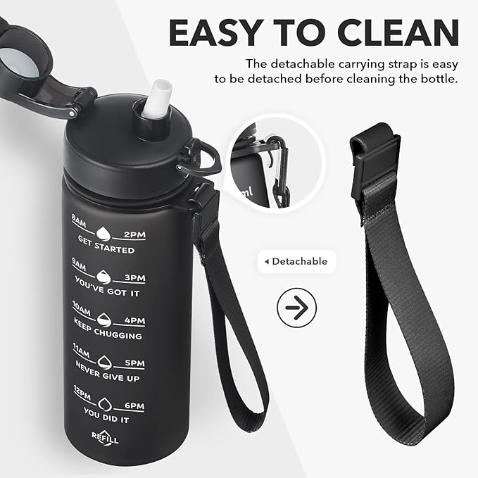 Enerbone Water Bottle, Leakproof BPA & Toxic Free, Motivational Water Bottle with Times to Drink and Straw, Fitness Sports Water Bottle with Strap for Office, Gym, Outdoor Sports