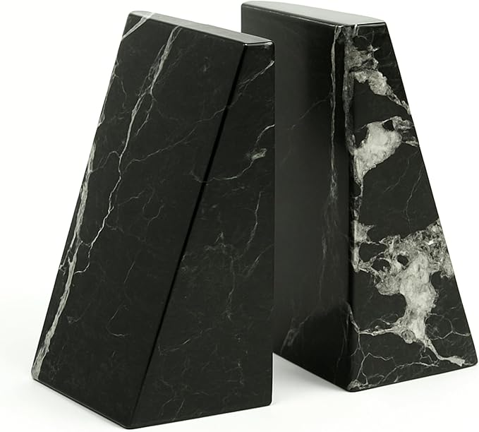 Bey-Berk Black Zebra Marble Bookends, Black ? 7.25" Tall, White Veins, Heavy-Duty Triangular Stone Book Stopper