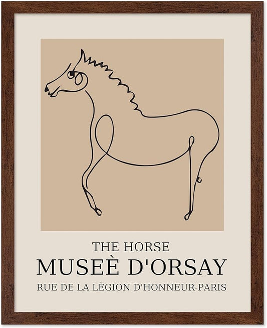 Poster Master Vintage Poster - Retro Minimalist Print - Gift for Artist, Friend - Horse, Line Drawing, Sketch, Abstract - Wall Decor for Living Room, Bedroom, 8x10 Brown Framed