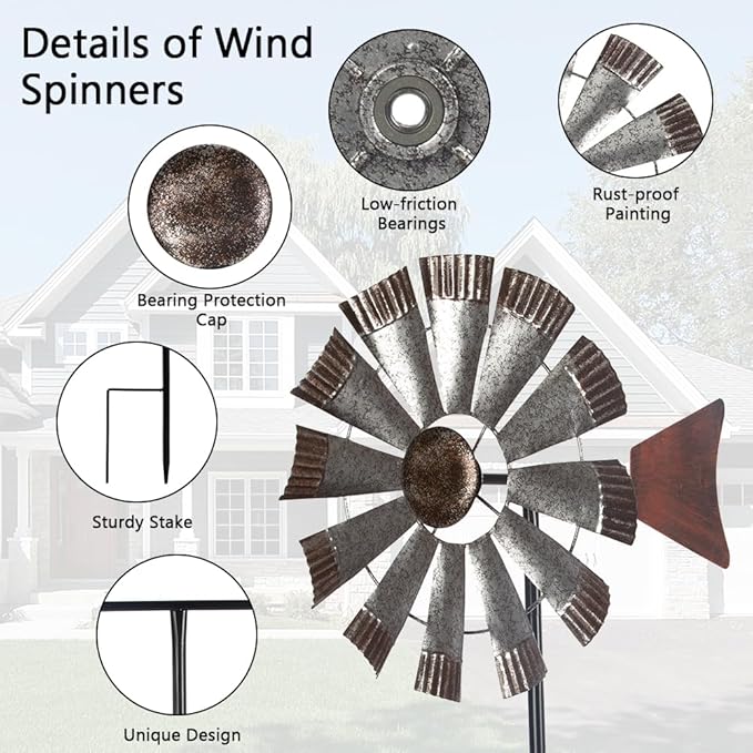 Wind Spinners Outdoor，Metal Vintage Style Single Sided Silver Windmill Kinetic Wind Spinner for Outdoor Garden Patio Yard Decor,Diameter 13 Inches