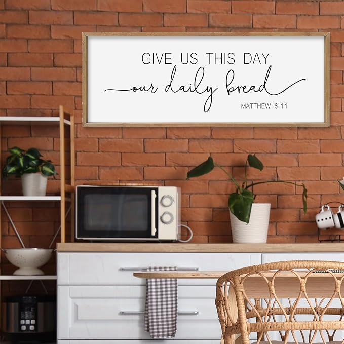 SRSZHIYUE Give Us This Day Our Daily Bread Sign Wall Decor Art 40"×15" Matthew 6:11 Dining Room Kitchen Large Wood Framed Wall Hanging (Wood)