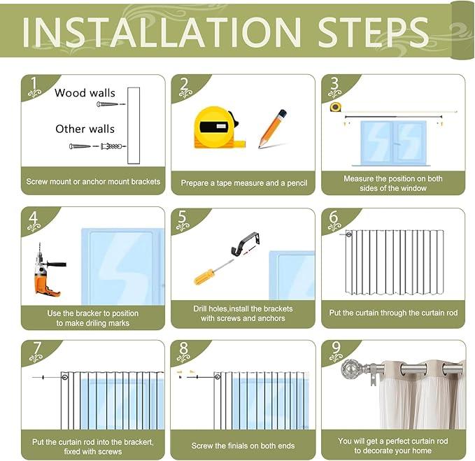 Silver Farmhouse Curtain Rods for Windows:Heavy Duty Adjustable Curtain Rod for Bedroom Living Room,Boho Decorative Rustic Drapery Rods with Vintage Coastal Finial,Antique Silver 2 Pack 18-45"