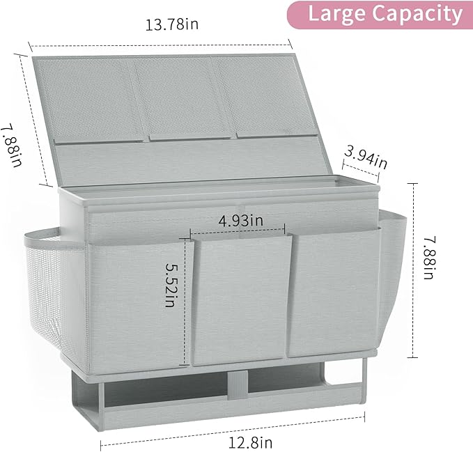 Bedside Caddy, Bed Organizer with 11 Pockets and Power Strip Holder, Versatile Bedside Storage Caddy for Home,Dorm,Bunk,Hospital,Crib Bed (2 Pack Grey)