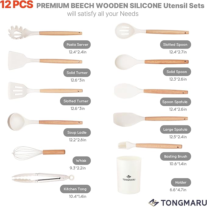 Silicone Cooking Utensils Set, Premium Beech Wood Handle Kitchen Gadgets Utensil Set, Non-Stick Kitchen Utensils Spatula, Tongs, Turner, Whisk, Brush, Spoon, BPA FREE, 446°F Resistant (White)