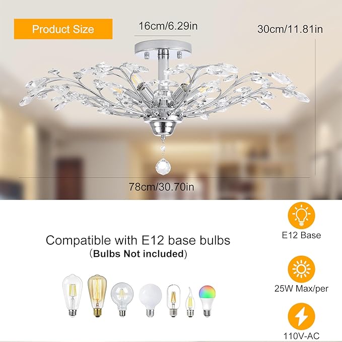 Ganeed Frozen Crystal Branch Close to Ceiling Light Chrome Silvery Vintage Chandelier with 5-Light Heads, Modern K9 Crystal Chandelier for Dining Room Living Room Bedroom Kitchen Over Table