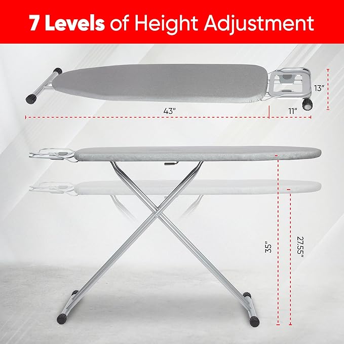 Ironing Board Full Size 54" L x 13" W, Foldable & Adjustable Height Iron Board with Heat-Resistant Cover and Iron Rest, Sturdy & Space-Saving Ironing Table for Home