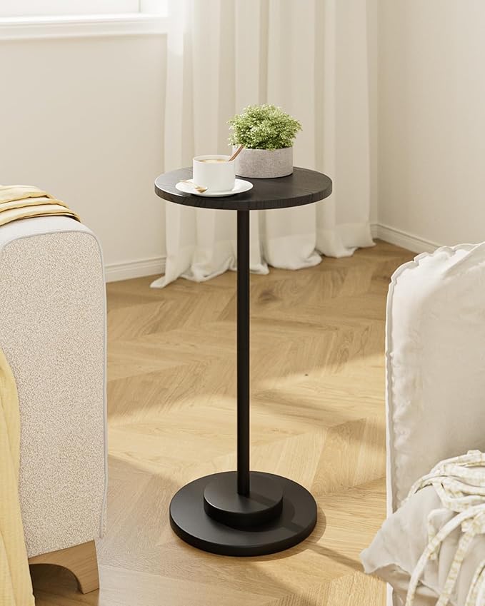 Masupu Drink Table, Round Side Table for Small Spaces, Pedestal Side Table, Small End Table with Metal Base, for Living Room, Bedroom, Bathroom, Black