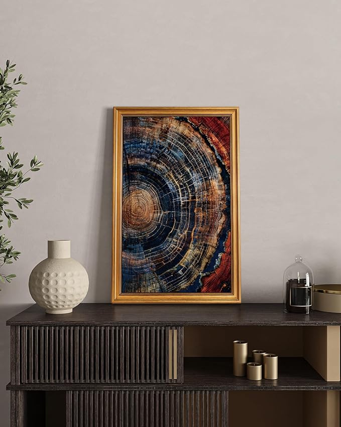HUARCEY Gold Framed Vintage Wall Deocr for Living Room, Tree Rings Art Abstract Wood Grain Texture Bathroom Art Large Canvas Print Nature Inspired Farmhouse Pictures for Study Office Bedroom 16"x24"