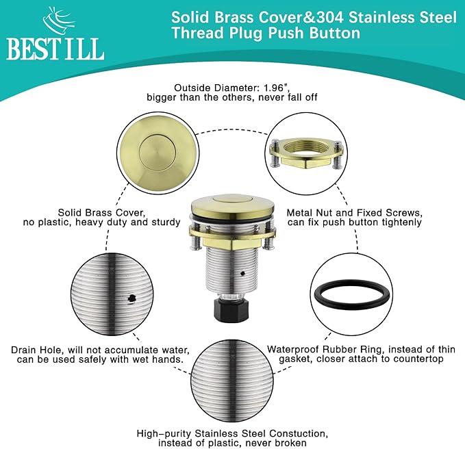 BESTILL Garbage Disposal Air Switch Kit - UL Listed, Brass 2.95" Short Sink Top On/Off Switch Button for Food Waste Disposer, Brushed Gold, Compatible with all Garbage Disposals