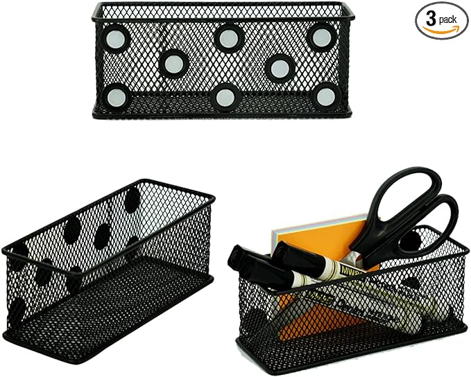 Neudeco Magnetic Locker Organizer and Accessories，Wire Mesh Magnetic Storage Basket ,Magnetic Holder for Dry Erase Markers,Strong Magnet Pen Holder for Fridge School,Pack 3 (Black)