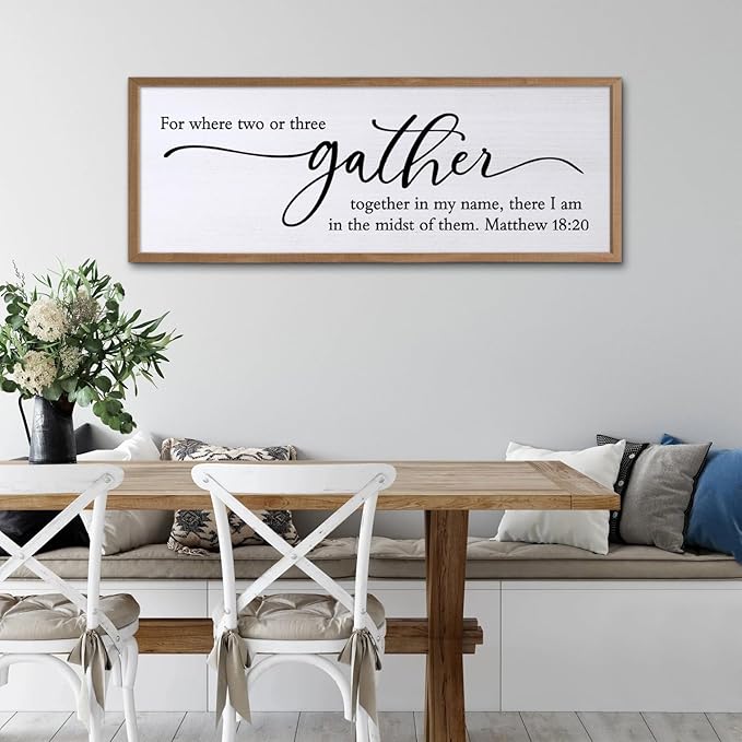 For Where Two Or Three Gather Sign Dining Room kitchen Wall Decor Bible Verse Scripture Matthew 18:20 Wooden Frame 32X12 Inch for Christian Family Hanging Art (Wood)