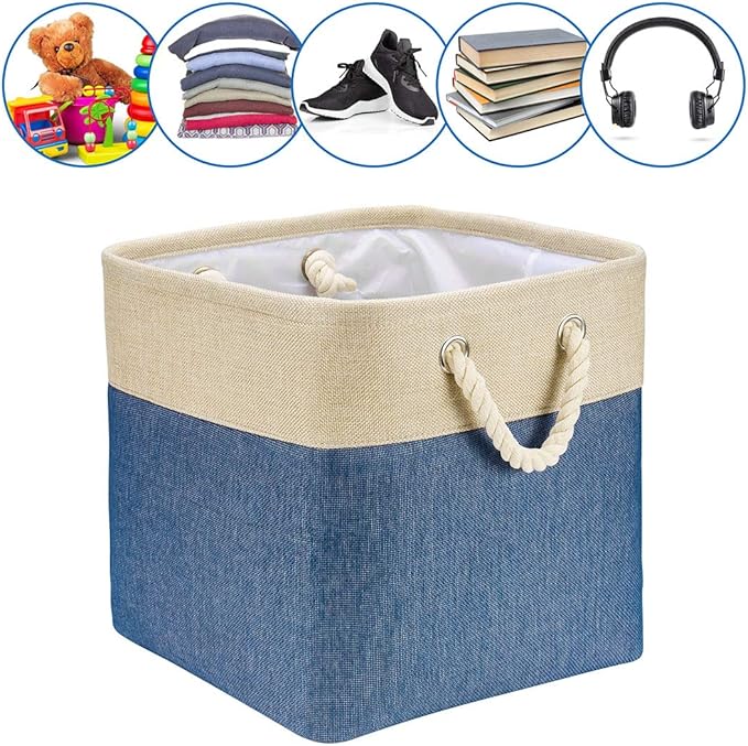 i BKGOO 3Pack Large Foldable Storage Bins，Collapsible Sturdy Cationic Fabric Organizing Storage Basket Cube with Cotton Handles for Home Office Shelf Clothes Toys Khaki-Blue 13×13×13 inch