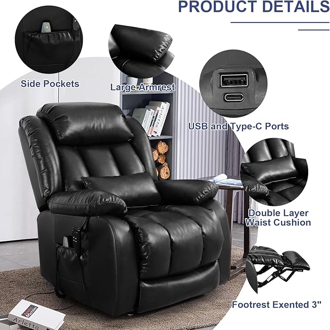MAEVIS Large Genuine Leather Power Lift Recliner Chair, Dual Motor Recliner for Elderly,Extended Footrest and Lumbar Pillow for Tall Man,with Heat and Massage, USB and Type-C Ports(Black)