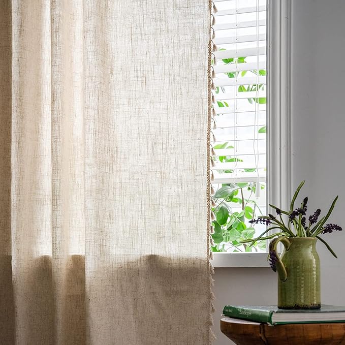 Sutuo Home Boho Curtain for Farmhouse Bedroom, Natural Linen Look Textured Burlap Rod Pocket Chic Semi Blackout Bohemian Handmade Tassels Window Treatment for Living Room, 1 Panel 59" W x 108" L