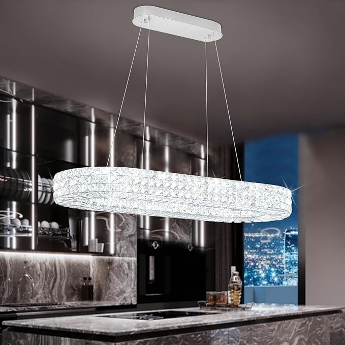Modern Crystal Chandelier, Dia 40" Rectangular Chandelier for Dining Room,Chrome Rectangle Crystal Ceiling Light Luxury Oval Chandeliers for Living Room Kitchen Island