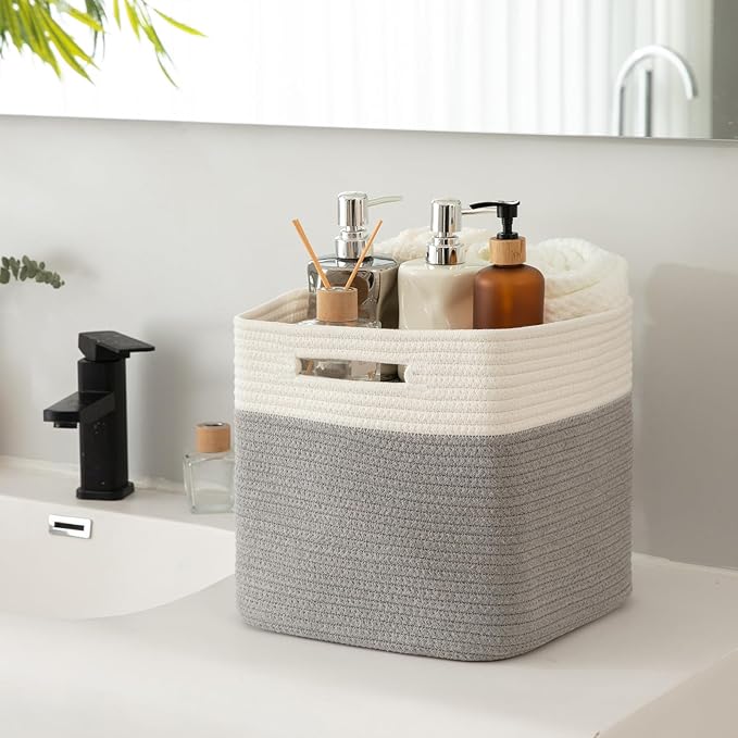 OIAHOMY Cube Storage Basket, 3-Pack Woven Cotton Rope Baskets for Storage, 11-Inch Cube Basket with Handles, Great for Shelves, Closets, Children's Toy Storage and Organization-White & Grey