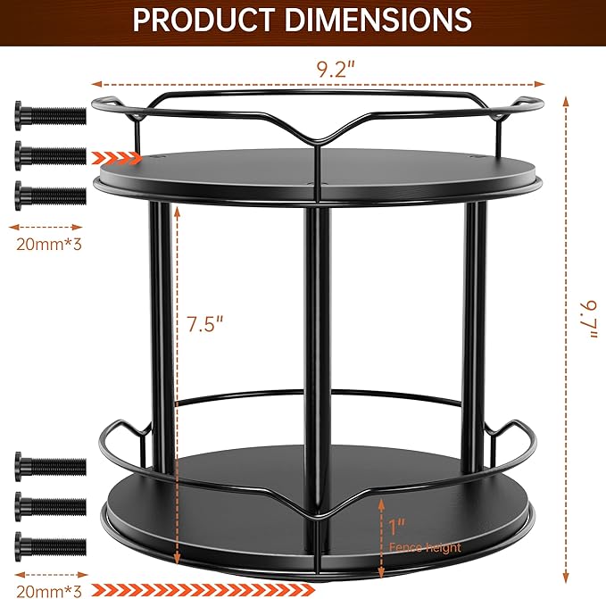 Lazy Susan Organizer 2 Tier - 9.2" Turntable Spice Rack for Table Top, Wooden Rotating Lazy Susan for Cabinet Pantry Kitchen Countertop Dining Table Cupboard Bathroom Vanity Storage(Black)