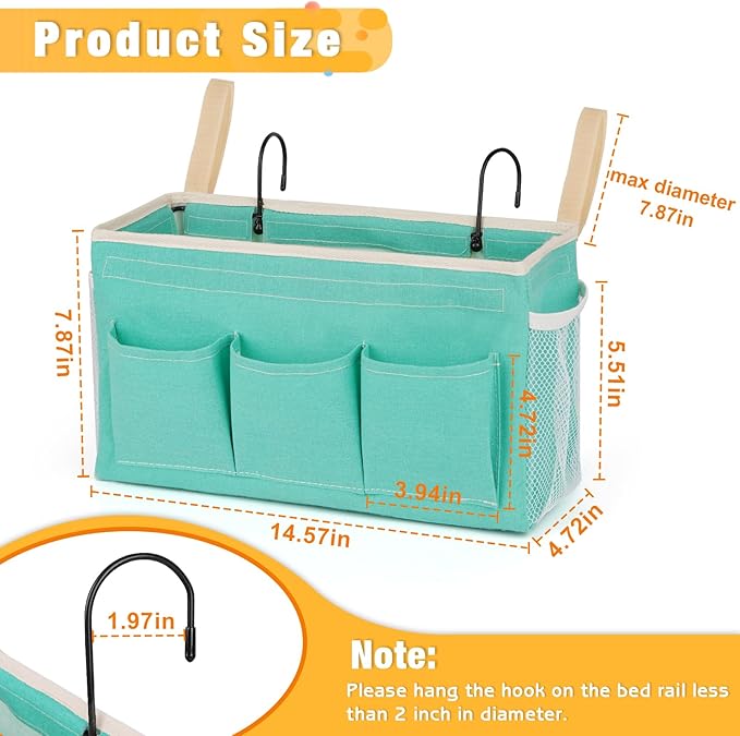 Bedside Caddy Bedside Organizer Bedside Storage Caddy with Fixed Straps and Water Bottle Holder for Home College Dorm Bunk Bed Hospital Bed Crib Bed Rails (2pcs Green)