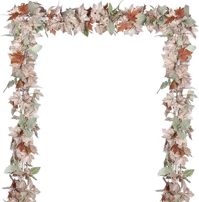 DearHouse 2 Pack Fall Maple Leaf Vine, 5.9Ft/Piece Hanging Garland White Autumn Foliage Thanksgiving Decor for Home Wedding Fireplace Party Christmas (White&Orange)