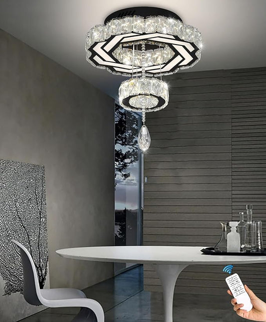 Flashing God Small Crystal Chandeliers Dia 12" Black Chandelier Flush Mount Ceiling Light for Bedroom Living Room Dining Room Hallway Dimmable 3 Rings LED Celing Lighting Fixtures