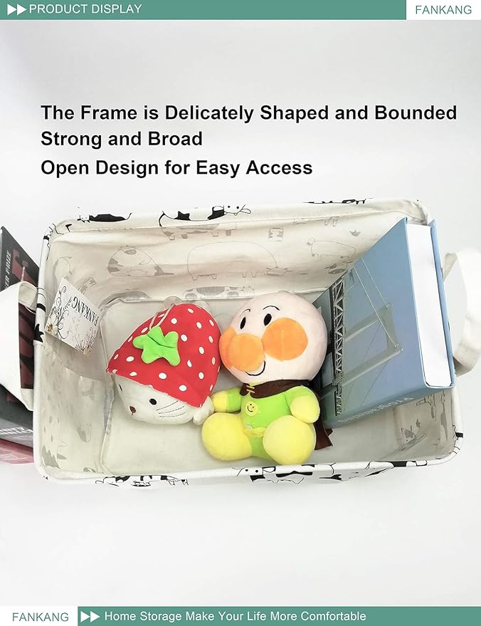 FANKANG Storage Basket,Nursery Hamper Canvas Laundry Basket Foldable with Waterproof PE Coating Storage, Office, Bedroom, Clothes,Toys(L, Rec-cows)