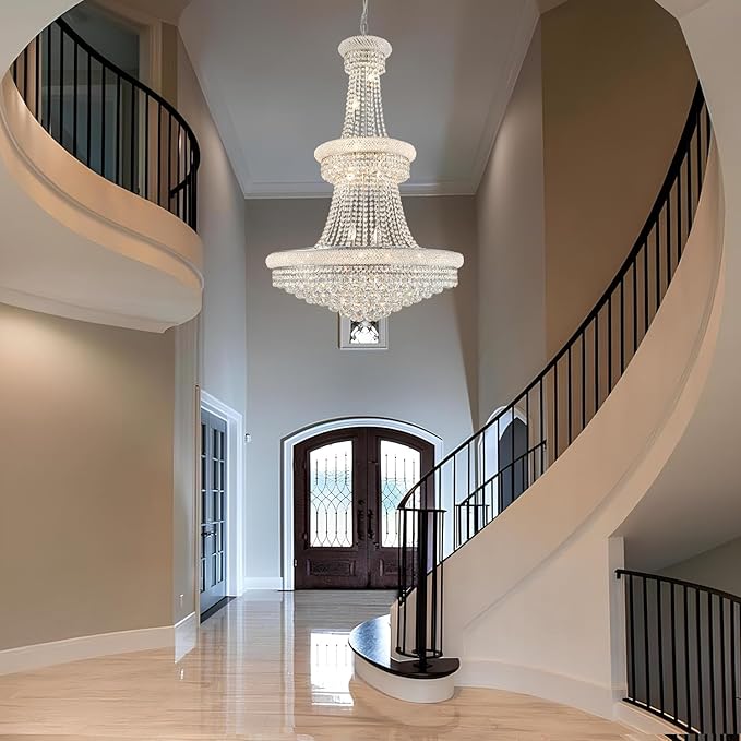 High Ceiling Chandelier 19-Lights Modern Crystal Chandeliers Silver Large Foyer Chandelier Fixtures for Staircase Living Room Hallway Entryway (H47 x W31.5)
