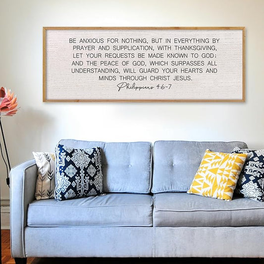 LuZhiQiang Be Anxious for Nothing Wall Decor 32"×12" Philippians 4:6-7 Bible Verse Sign Large Christian Scripture Wood Framed Hanging Decor (Wood)