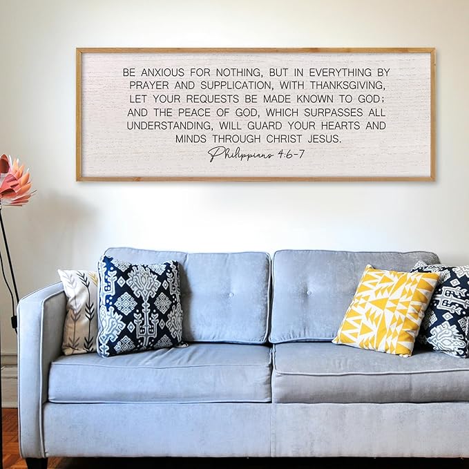 LuZhiQiang Be Anxious for Nothing Wall Decor 40"×15" Philippians 4:6-7 Bible Verse Sign Large Christian Scripture Wood Framed Hanging Decor (Wood)