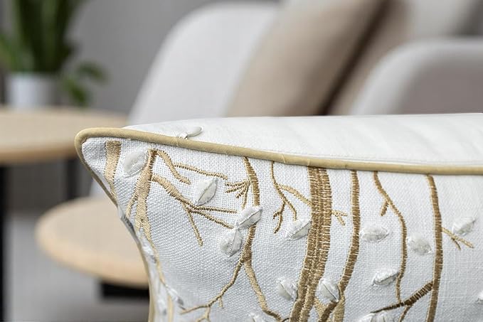 VAGMINE Embroidered Forest Throw Pillow Cover - 20x20 Inches Square - 100% Cotton Ivory Decorative Cushion Cover - Elegant Embroidery - Rustic Home Accent for Sofa, Bed, Couch, Farmhouse Décor