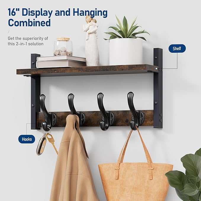 Tatub 16" Rustic Coat Rack Wall Mount with Shelf, Wall Hooks with Shelf, Heavy Duty Entryway Organizer Hangers for Hanging, Hat, Bag, Jacket for Bathroom, Living Room, Bedroom