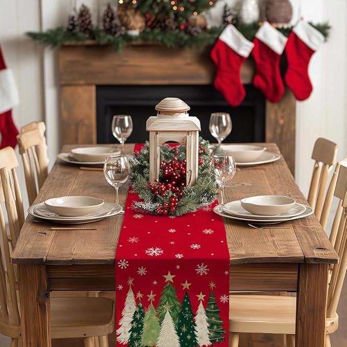 GEEORY Christmas Table Runner 13x108 Inch, Xmas Trees Snowflakes Holiday Decorative Farmhouse Table Decoration for Kitchen Dinning, Indoor Outdoor Dinner Party Decor (Red) GT150-108