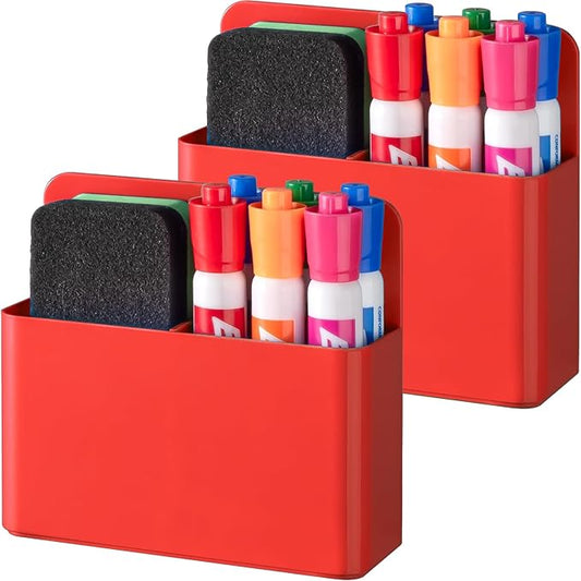 BEYGORM 2 Pack Plastics Magnetic Pen Holder for Refrigerator, Dry Erase Marker Holder for Whiteboard，Magnet School Locker Organizer Accessories, Pencil Cup, Pen Caddy, Classroom Organization(Red)