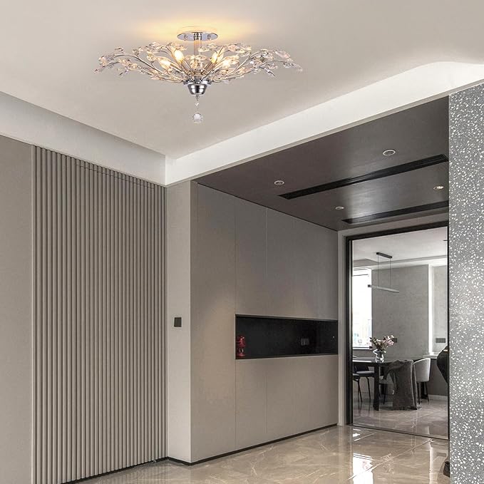 Ganeed Frozen Crystal Branch Close to Ceiling Light Chrome Silvery Vintage Chandelier with 5-Light Heads, Modern K9 Crystal Chandelier for Dining Room Living Room Bedroom Kitchen Over Table