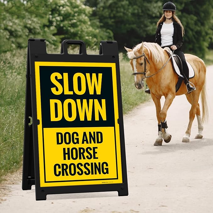 Slow Down Dog and Horse Crossing Sidewalk Sign Kit, 24x36 Inches, with A Frame Stand, Made in USA